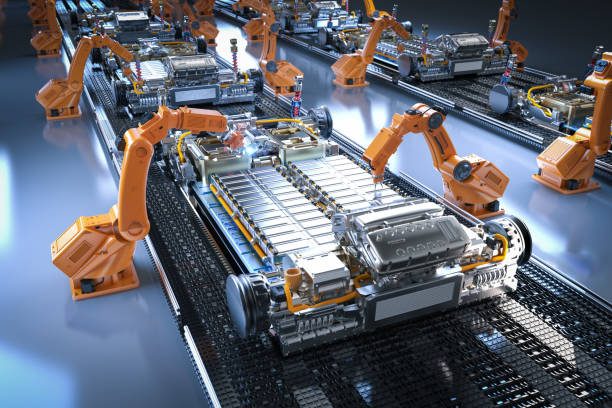 Automation automobile factory concept with 3d rendering robot assembly line with electric car battery cells module on platform